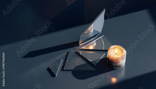 A mirror, candle, and geometric objects on a dark surface.