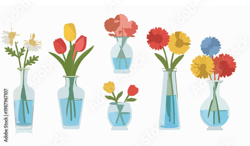 Cute Flower Vase Vector Set Glass Vases with Blue Water Daisy Tulip Gerbera Flat Icons