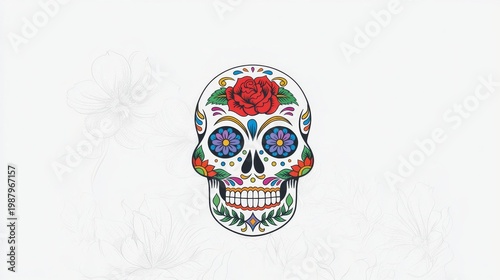 Colorful sugar skull with floral designs and vibrant detailing.