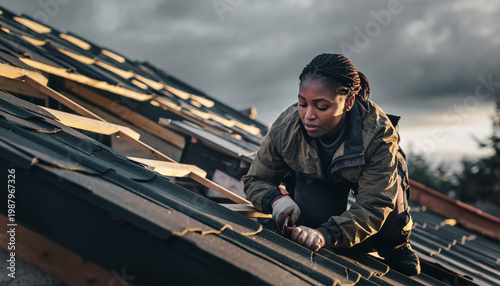 A woman installing solar panels on a roof outdoors during cloudy weather.