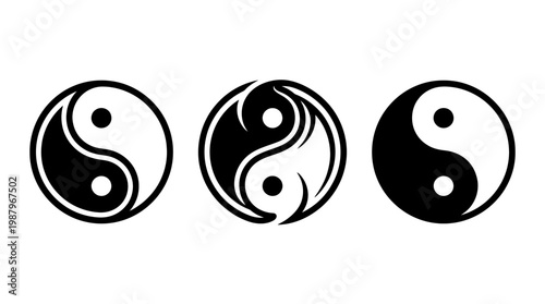 Three Vector Yin Yang Symbols in Black and White