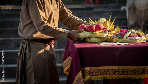 Person arranging fruits and offerings on a decorated table outdoors.