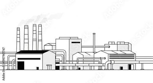 Industrial Factory Building with Smokestacks Emitting Smoke.
