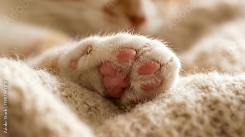 A soft fluffy cat paw with pink pads rests on a cozy textured blanket showing deep slumber and contentedness Warm fuzzy details capture feline relaxation