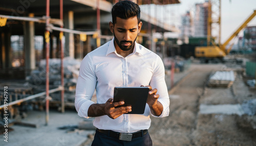 A man in formal attire using a tablet at a construction site.