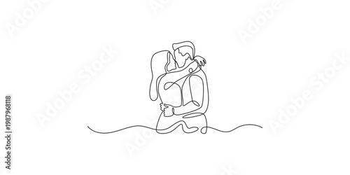 Continuous line drawing of a romantic couple embracing and sharing a moment of intimacy.