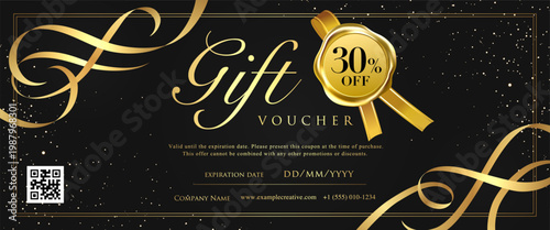 Luxury Black & Gold Gift Voucher Template with Ribbon & Glitter