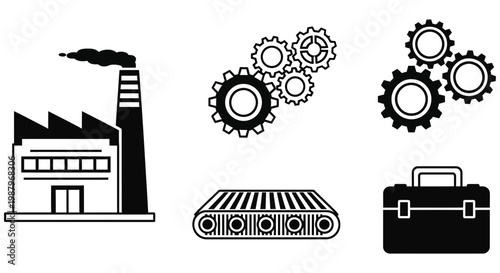 Collection of industrial factory tools and machinery icons in black and white.