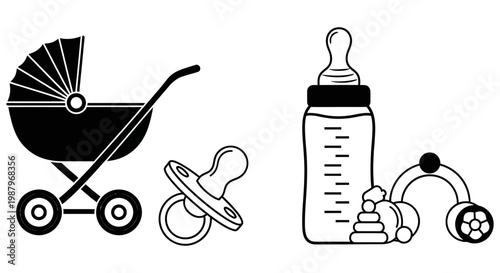Collection of essential baby items and accessories for newborns and infants