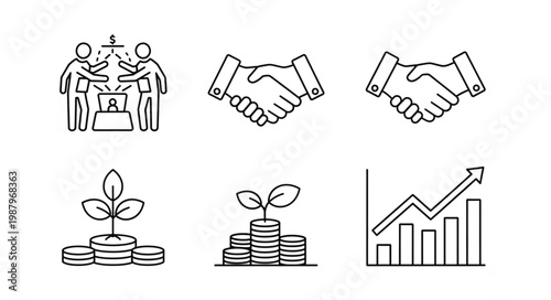 Business Icons Representing Partnership Growth and Finance.