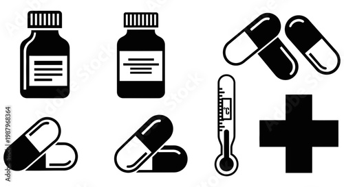 Collection of simple black medical symbols for healthcare and pharmaceutical use
