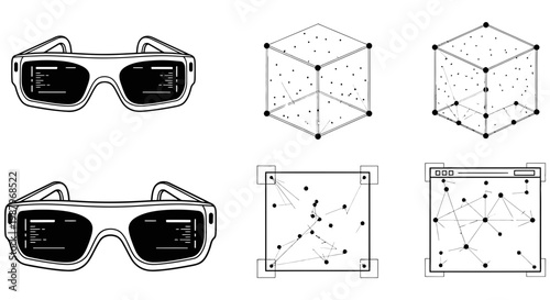 Illustration of augmented reality glasses and abstract digital interfaces.