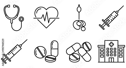 Collection of thin line medical icons representing various healthcare service elements