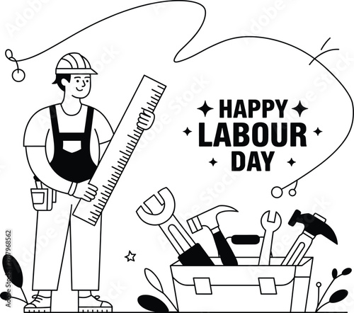 PrintHappy Labour Day black and white illustration with construction worker holding ruler, toolbox filled with tools, celebrating hardworking professionals and honoring global labour unity