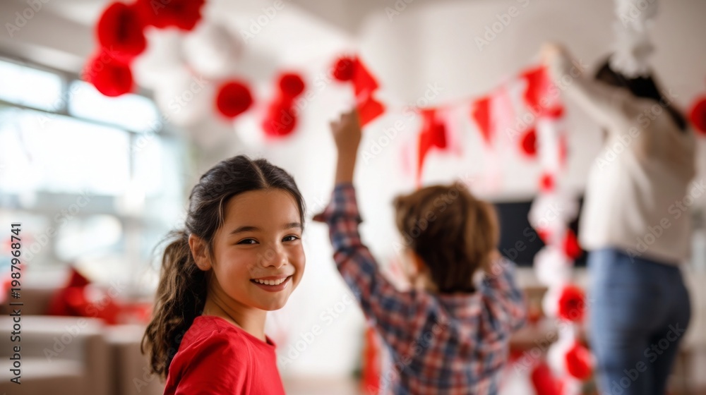 Fototapeta premium Smiling girl and boy decorating for a party with red and white decorations.