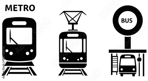 Icons of metro train tram and bus transport for public transit