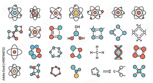 Collection of scientific molecular structures and atoms.
