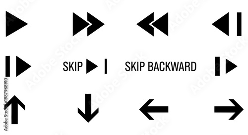 Set of black media control buttons and navigation arrow icons