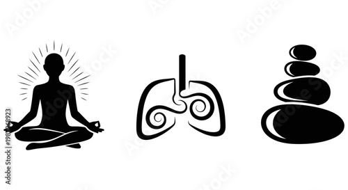 Yoga meditation human lungs and stacked stones for wellness symbols