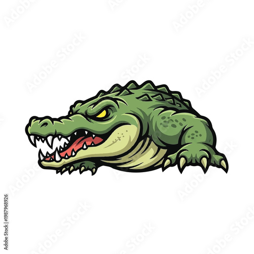 Cartoon angry crocodile head closeup profile.