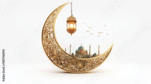 Golden crescent moon lamp with mosque silhouette and birds in the background.