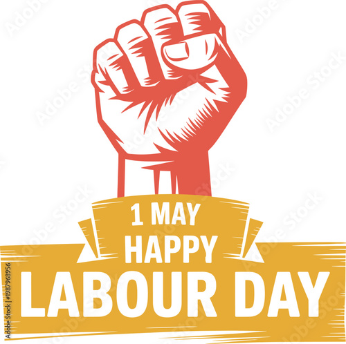 PrintPowerful Labour Day celebration design with red clenched fist, bold yellow banner, strong typography, symbolizing unity, strength, solidarity, and honoring hardworking professionals worldwide