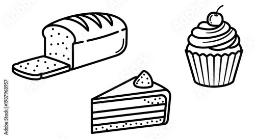 Hand drawn collection of fresh baked bread and sweet desserts
