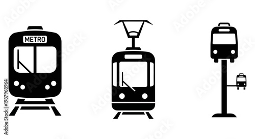 Black icons representing various public transportation train and tram vehicles