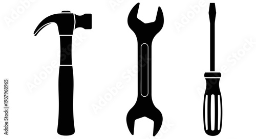 Black silhouette icons of a hammer wrench and a screwdriver