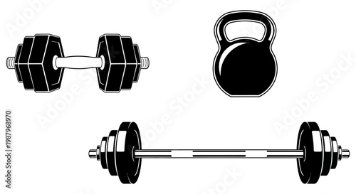 Heavy metal dumbbells kettlebell and long barbell for gym exercise training