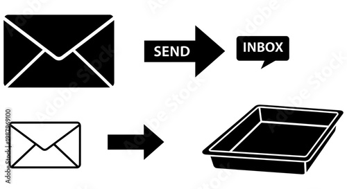 Digital mail icons showing email sent to inbox and physical tray