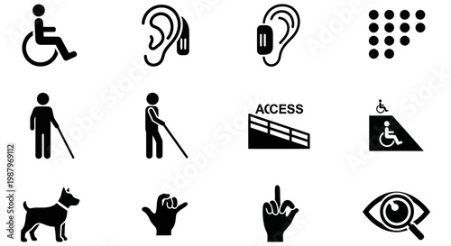 Set of black icons representing accessibility and inclusive design for users