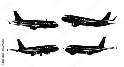 Four black silhouettes of passenger airplanes in various flight poses