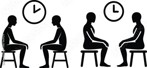 Before and after comparison of people sitting with posture changes and clock icons patience duration silhouette illustration comparison progress