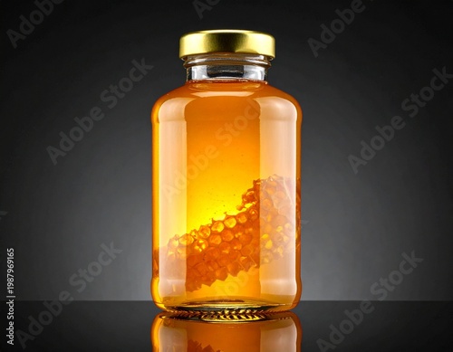Pure Golden Honey in Glass Jar with Fresh Honeycomb and Gold Lid Isolated on Dark Gradient Background