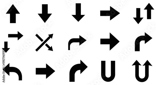 Set of black directional arrows showing various movements and navigation paths