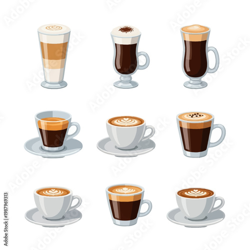 Vector illustration set of nine coffee beverages including espresso, latte macchiato, cappuccino with latte art, and mocha in glass and ceramic cups isolated on white background.