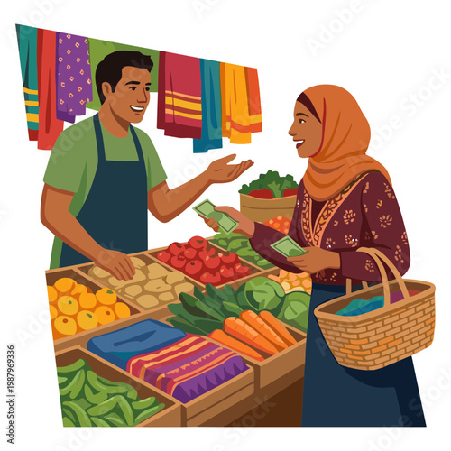A man and woman interact at a vibrant market stall selling fresh produce