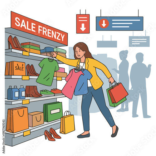 Woman shopping enthusiastically with man on sale frenzy at store