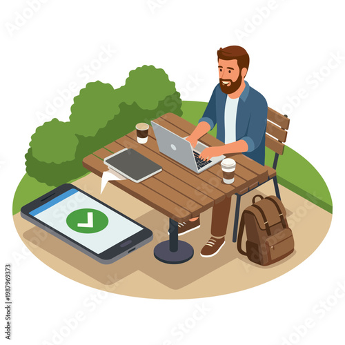 Man works on laptop at outdoor picnic table with phone and coffee