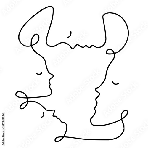 Abstract continuous line art portrait depicting a diverse group of faces in profile, symbolizing connection and unity through a single flowing stroke