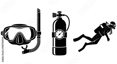 Essential scuba diving gear icons featuring mask snorkel tank and diver