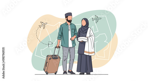 Travelers with Suitcase and Backpack Waiting at Airport.