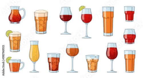 Large collection of various alcoholic and non-alcoholic beverage illustrations including red wine, beer, cocktails, and juices in diverse glassware with ice cubes and lime slices.