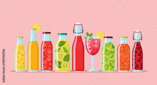 Flat vector illustration of glass bottles and a stem glass containing colorful fruit juices, smoothies, and detox water with strawberries, kiwi, citrus, and mint on pink background.