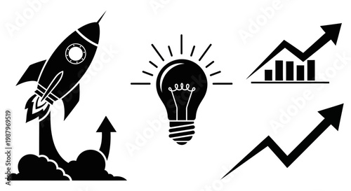 Business icons showing a rocket launch idea and financial growth