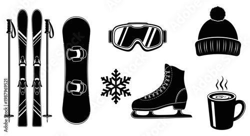 Collection of winter sports equipment and accessories for outdoor activities