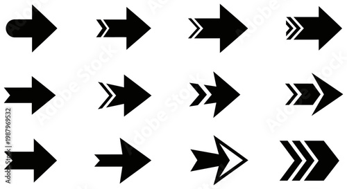Collection of diverse black arrow icons pointing toward the right side