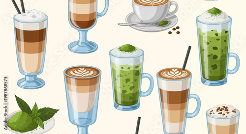 Vector illustration of assorted coffee and matcha beverages, featuring layered latte macchiato, iced green tea lattes with foam, hot cappuccino with latte art, and matcha powder.