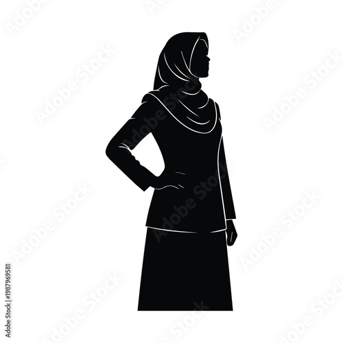 Side view silhouette of professional woman in hijab standing with hand hip